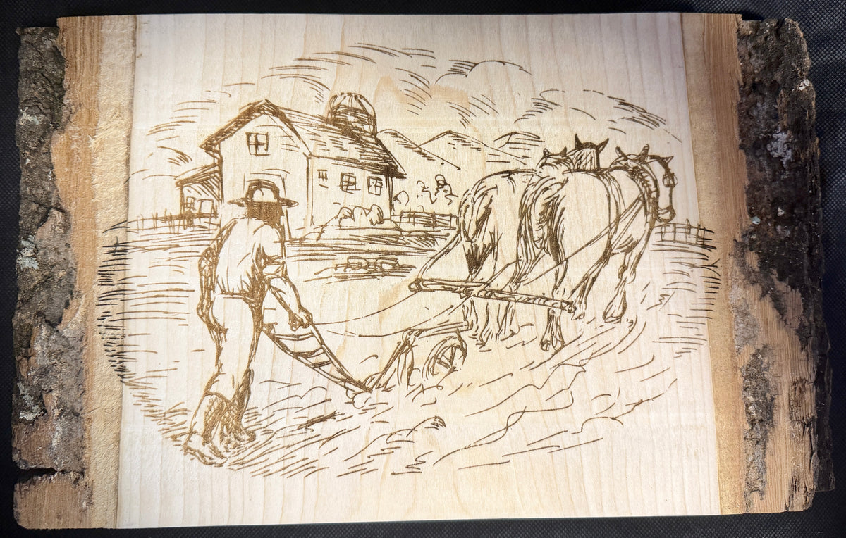 Farmer Plowing Live Edge Plaque