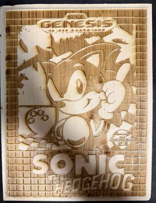 Wooden carving of Sonic the Hedgehog with 'Sonic' branding