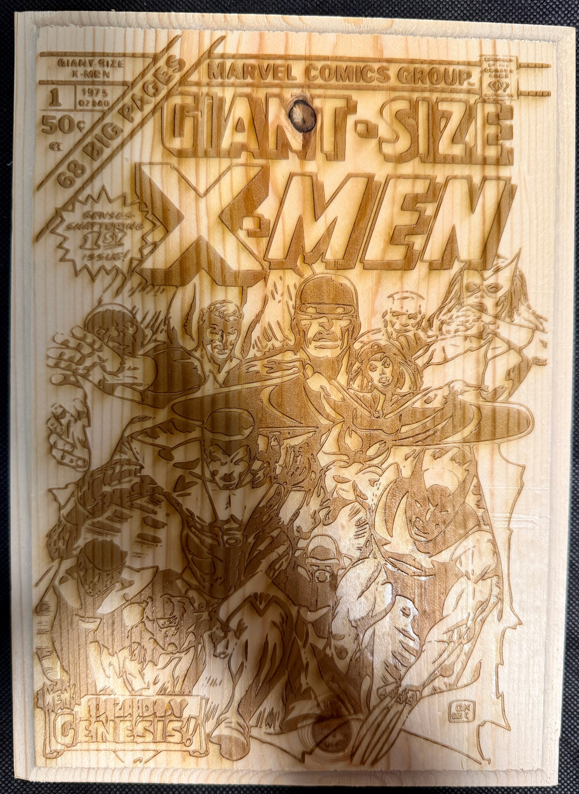 Wooden model of a comic book cover featuring 'Giant-Size X-Men' with Marvel Comics branding.