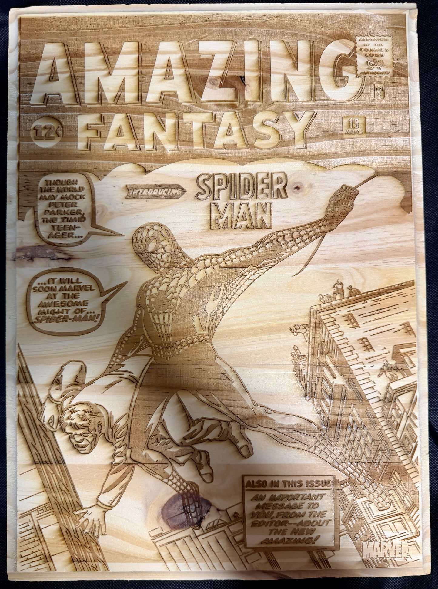 Wooden model of the cover of 'Amazing Fantasy' with Spider-Man illustration