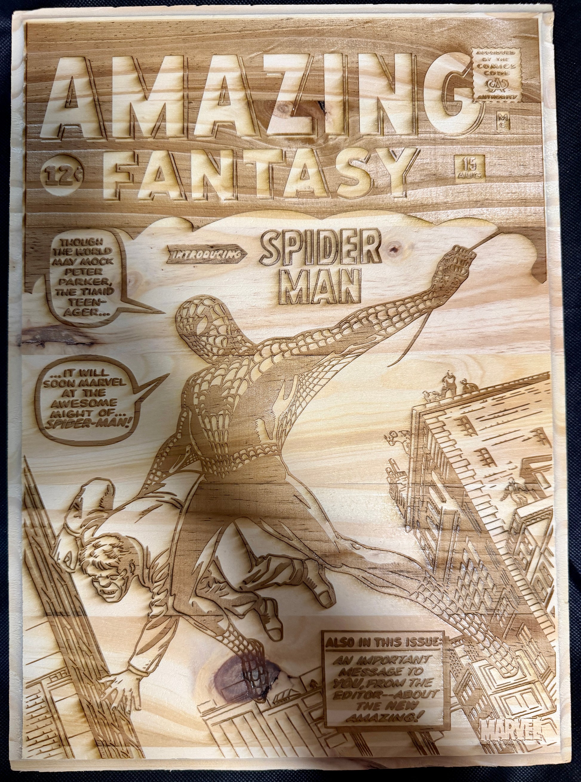 Wooden model of the cover of 'Amazing Fantasy' with Spider-Man illustration