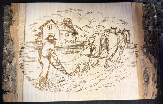 Farmer Plowing Live Edge Plaque